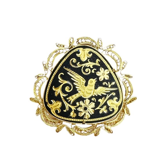 Vintage 60s Damascene Bird Floral Ornate Filigree Brooch - Picture 1 of 5